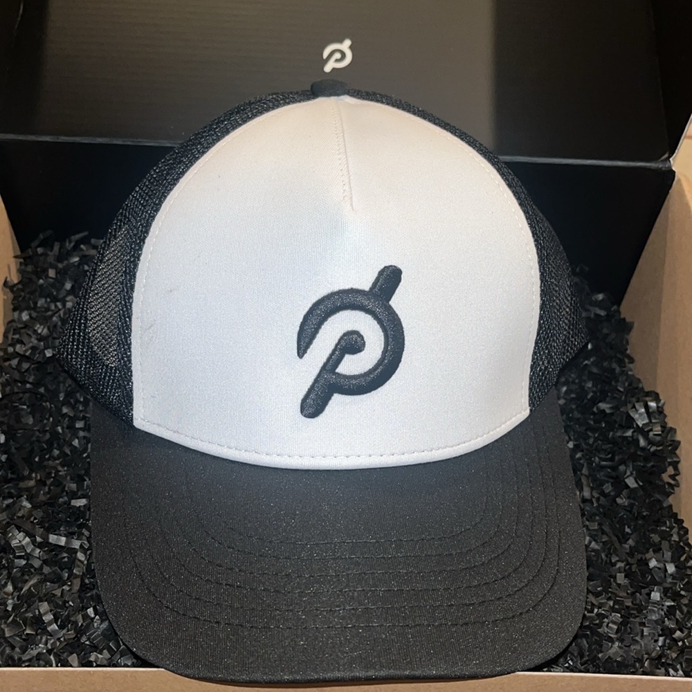 Peloton- White and Black Adjustable Mesh Trucker Hat Cap Polyester Spandex
